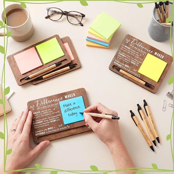 Kosiz 10 Set Brown Difference Maker Appreciation Gifts Wooden Sticky Note Holder with Notes and Ballpoint Pens Inspirational Sticky Notes Sets for Employee Coworker Staff Thank You Appreciation Gifts