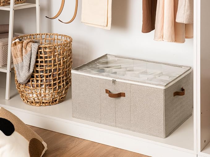 StorageWorks Shoe Organizer for Closet, Fits up to 24 Pairs, Shoe Cubby Storage Containers with Adjustable Dividers and Clear Cover, Taupe