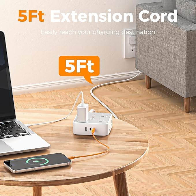 TESSAN Surge Protector Power Strip, 5 Ft Flat Plug Extension Cord with 3 USB (2 USB C) 8 Outlets, 900J Protection, 3 Sided Outlet Extender with Power Switch for Office, Dorm Room, Grey