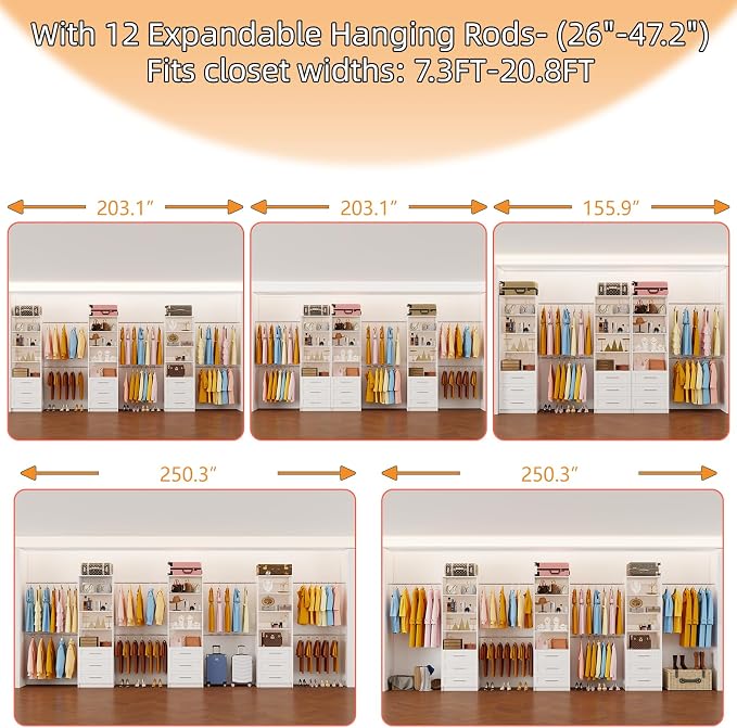 Closet System with 9 Drawers, 8FT-20FT Custom Closet Organizer System Modular Walk in Closet Storage Wooden System with 12 Expandable Hanging Rods Adjustable Shelves 3 Sets White(8FT-20FT)