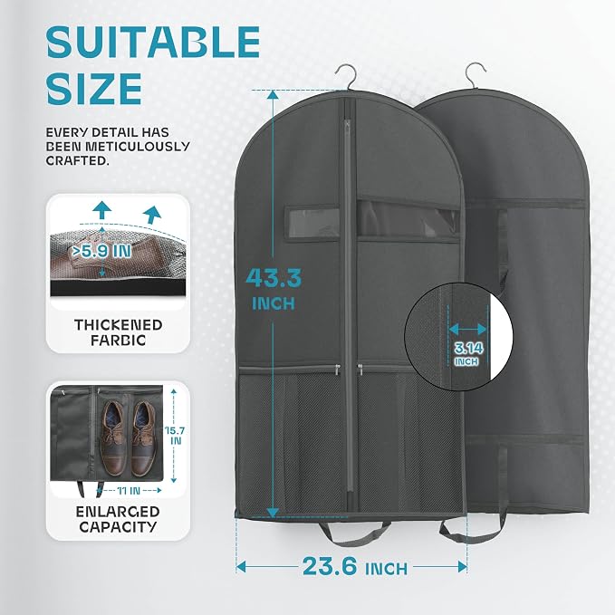 Lazebox 43" Travel Garment Bag with Accessories Zipper Pocket, Heavy Duty Suit Bag for Suits, Tuxedos, Dresses, Coats, Dark Grey, 1 pack