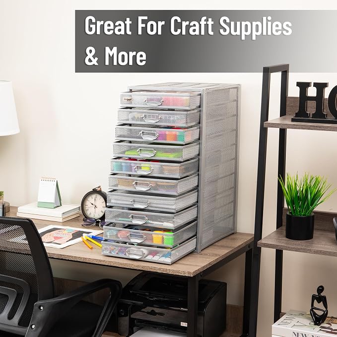 Mind Reader 10-Drawer Desk Organizer for Office Supplies, Crafts, Mail Sorting & More, Metal Mesh, Silver