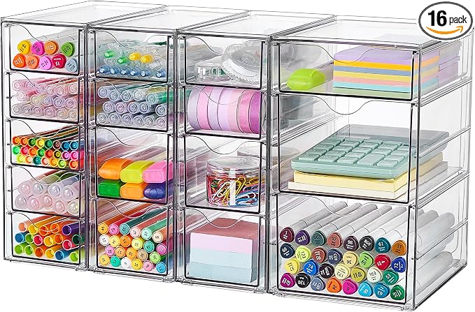 Vtopmart 4 Set Clear Desk Organizer, Acrylic Pen Organizer with 16 Drawers | Desktop Organization and Storage, Clear Storage Drawers for Office Supplies, Pen, Makeup, Art Craft, Jewelry, Nail