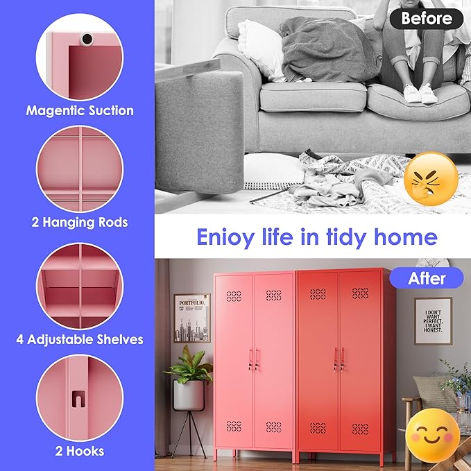 METAN 71" H*33.5" W*20" D Metal Wardrobe Closet with Lock,Extra Deep 2 Doors Metal Wardrobe Cabinet for Home,Assembly Required,Pink