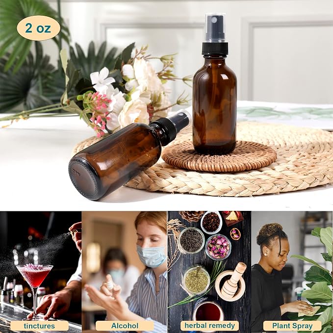 NOOEEISS Amber Glass Small Spray Bottle 2 oz 48 Packs,Fine Mist Sprayer Small Clear Bottles,Refillable Containers mini spray bottles for Cleaning Solutions and Skin Care (Amber 48pcs)