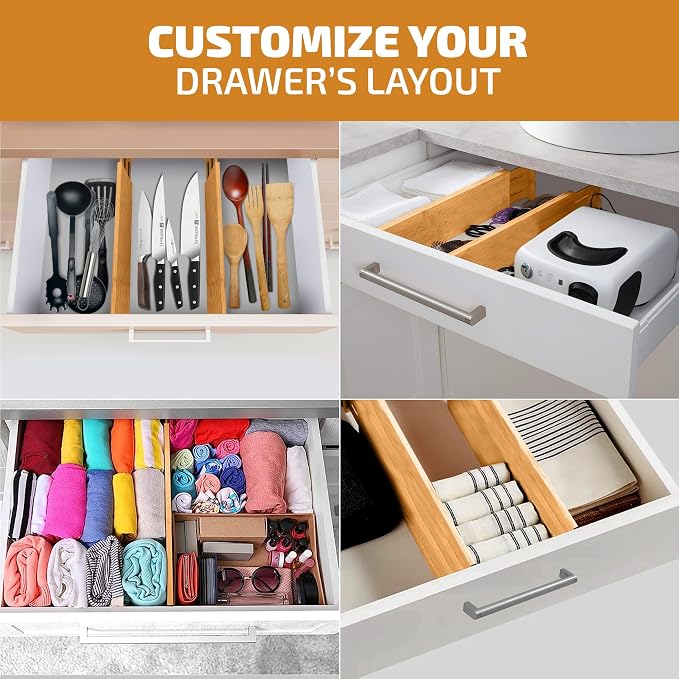 6 Pack Bamboo Drawer Dividers - 4 Inch High, Adjustable 11.5 to 17 Inch Expandable Kitchen Drawer Organizer, Spring Loaded Dresser Separator for Utensils, Clothes, Bedroom, Bathroom, Nursery, Office