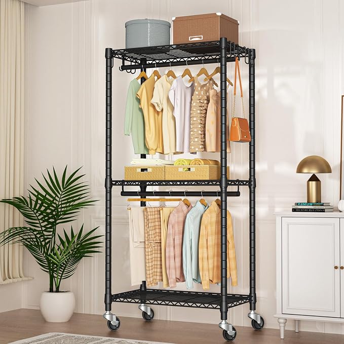 FUTASSI P3 Mini Rolling Clothes Rack, Clothing Racks for Hanging Clothes, Heavy Duty Garment Rack with Wheels, Freestanding Portable Closet Racks 23.6'' W x 14'' D x 78.5'' H, Max Load 430 Lbs, Black