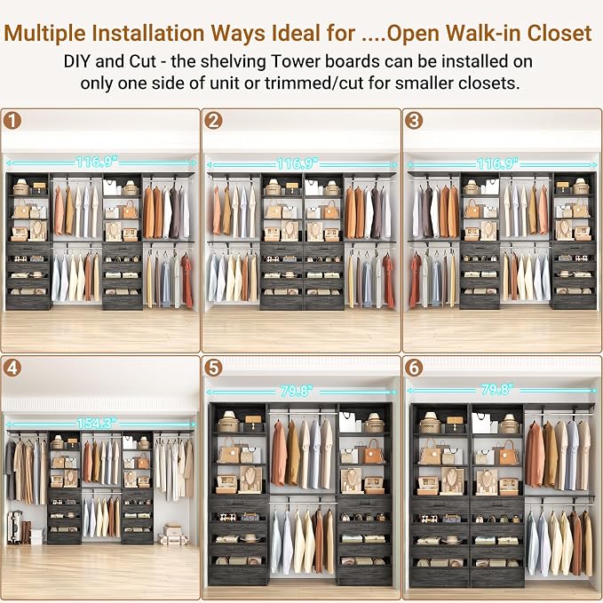 Aheaplus Closet System with 8 Wooden Drawers, Wood Closet Organizer System with Tower, Walk-in Closet Organizer Wardrobe Clothes Rack with 4 Hanging Rods, Garment Rack, Cut to Fit 7-12Ft, Black Oak1