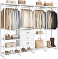 Freestanding Closet Organizer System with 3 Drawers, 6FT Heavy Duty Clothing Rack with Shelves and 6 Hanging Rods, Large Corner L Shaped Garment Rack, White