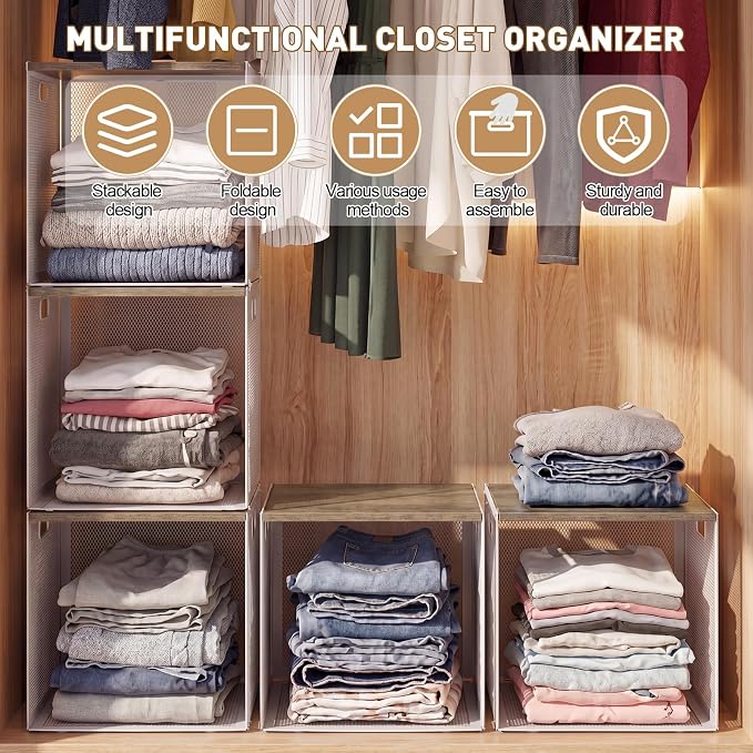 AceOrbit 3 Pcs Widened Stackable Closet Organizers and Storage with Wood Foldable Top Metal Cube Closet Shelf DIY Space Saving Linen Clothes Shoe Bed Sheet Bin for Wardrobe Bedroom(12"x12"x12", Light)