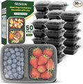 50 Pack 28oz Meal Prep Containers with Lids 2-Compartment, To Go Take Out Plastic Food Storage Containers with Lids Reusable, Leakproof Food Safe, Microwave Freezer Dishwasher Safe, Black