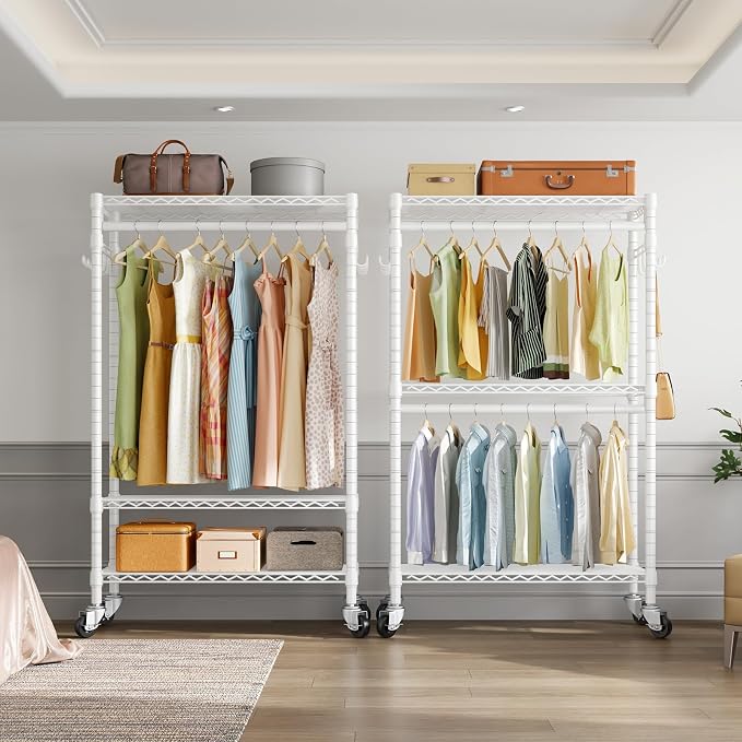 VIPEK R2 Heavy Duty Rolling Garment Rack 3 Tiers Adjustable Clothes Racks with Double Rods & Hooks, Freestanding Wardrobe Closet Storage Rack Metal Clothing Racks for Hanging Clothes, White