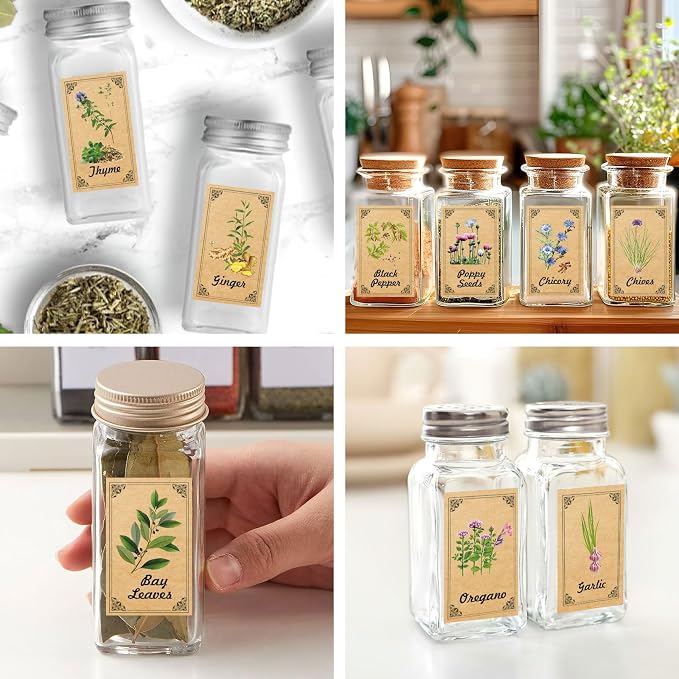 48PCS Herb and Spice Labels for Jars Bottles, Vintage Jars Stickers for Spice Cabinet Organization, Apothecary Labels Herblist Supplies(1.4"x2.4")