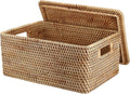 Hipiwe Rattan Basket With Lid Rectangular Lidded Basket Natural Hand-Woven Wicker Storage Basket Bin for Shelf Organizing Picnic Food Bread Table Storage Basket, 15.1 x 11.2 x 7.3 inch