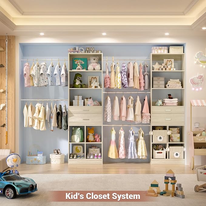 Besiost Closet System, 7.4ft-10ft with 4 Wooden Drawers and 5 Hanging Rods, Can Fit 88 to 123 inch Walk-in Closet System, White Oak