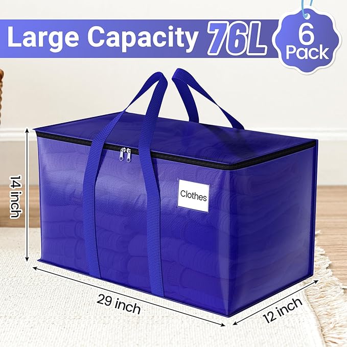 FabSpace Moving Storage Bags, Moving Supplies Packing Boxes for Moving, Camping, College Dorm Room Essentials for Girls, Blue Tote Bags, Heavy-Duty Storage Bins With Lids And Zippers, 76L 6 Pack