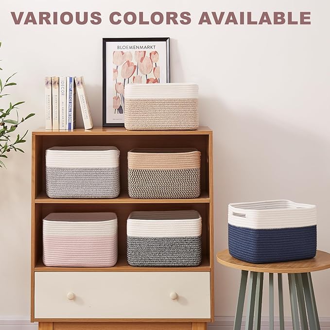 OIAHOMY 4 Pack Storage Basket, 13"x9"x7.8" Cotton Rope Baskets for Shelves, Closet Organizer for Bedroom & Living Room, Soft Decorative Bins for Organizing Towels, Books & Toys, Blue & White