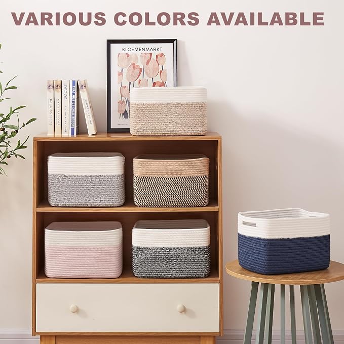 OIAHOMY 4 Pack Storage Basket, 13"x9"x7.8" Cotton Rope Baskets for Shelves, Closet Organizer for Bedroom & Living Room, Soft Decorative Bins for Organizing Towels, Books & Toys, Light Blue & White