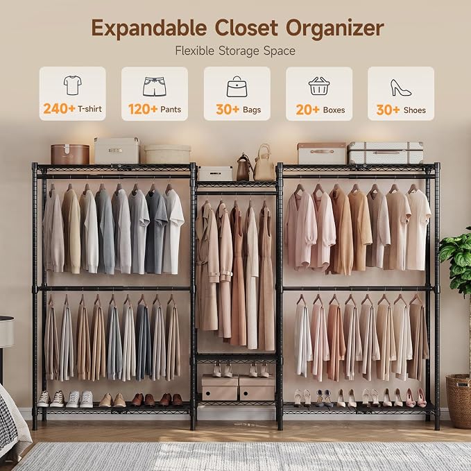 S3 Expandable Heavy Duty Clothes Rack, Freestanding Closet Organizer System | 5'8" to 8'3" Max Load 1200LBS Metal Garment Rack Portable Closet System with 4 Extendable Shelves & 4 Telescopic Rods Black
