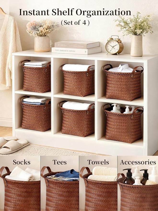 Hand Woven Baskets for Storage, 4Pcs Water-Resistant Wicker Baskets, Brown Wicker Storage Baskets for Shelves, Large Basket with Handle for Organizing, Closet, Laundry, Blanket - Round