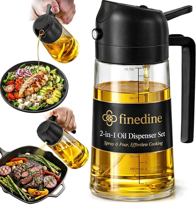 FineDine 16oz Olive Oil Sprayer for Cooking, 2 in 1 Olive Oil Dispenser Bottle for Kitchen, Air Fryer, Salad, BBQ & Baking – Dual Spray Mist & Stream, with Measurement Marks, Black