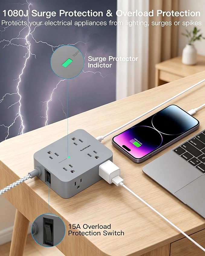 HANYCONY Surge Protector Power Strip 15 Ft Long Cord, Extension Cord 15 Feet with 8 Outlets 4 USB Ports(2 USB C), Flat Plug, Desk Charging Station for Home Office College Dorm Room Essentials