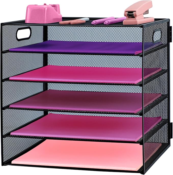 5 Tier Lettrer Tray Organizer, Metal Mesh Desk File Organizer with Sliding Trays, Paper Sorter Desk Organizer for Home Office School, Black