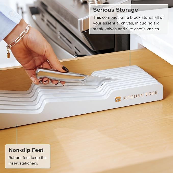 KitchenEdge In-Drawer Knife Block Holder, 11 Slots, White | Fits most knife sizes, rubber feet, food-safe finish