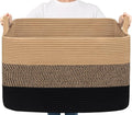 Goodpick Large Woven Blanket Basket 23.6" x 15.7" x 13.8" Cotton Rope Storage Organizer for Dirty Clothes Pillows Toys, Rectangle Wicker Laundry Basket with Handles, Black & Jute Mix