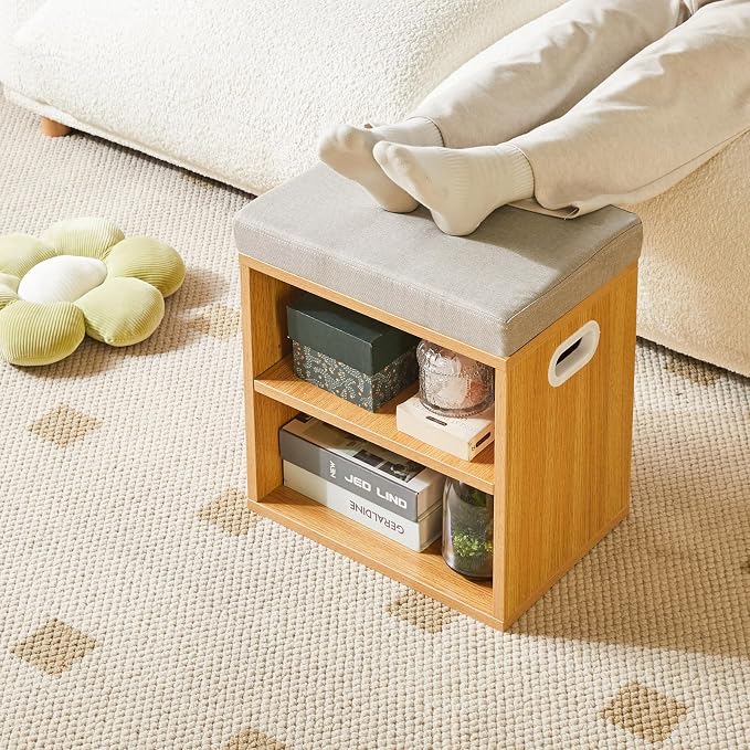 YMYNY Small Shoe Storage Bench with Cushion, Natural, HBD028N | 2 Tier Entryway Bench with Storage, Small Shoe Rack Bench with Adjustable Shelf for Entryway 11 x 15.3 x 16.5 Inches
