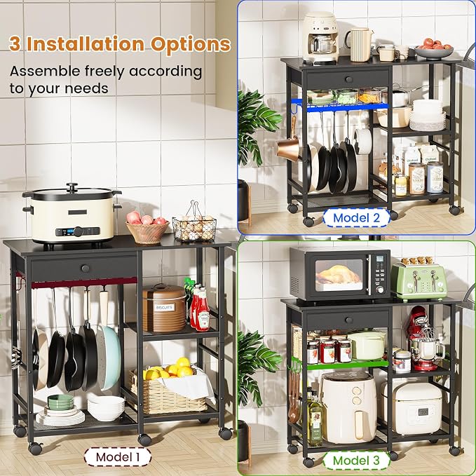 Microwave Cart, Microwave Stand with Wheels & Adjustable Shelf | Coffee Bar Table Station, 6-Tier Rolling Storage Cart Organizer Shelf for Living Room, Kitchen Island, Office, Black