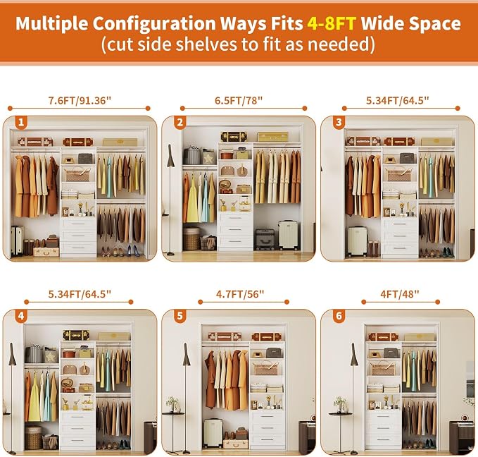 Closet System with Drawers, 4-8FT Closet Organizer System with Cuttable Shelves & 3 Expandable Hanging Rods, 96” Walk in Closet Organizer Storage System, Modular Closet Systems Adjustable, White