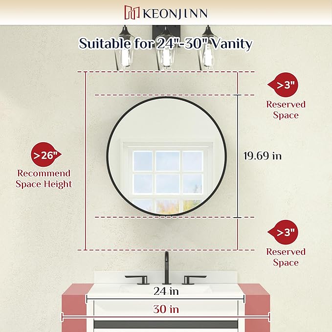 Keonjinn 20 Inch Round Medicine Cabinet with Mirror, Black Medicine Cabinet with Mirrors, Circular Surface Mount Medicine Cabinets, Framed Farmhouse Bathroom Cabinet with Adjustable Shelves