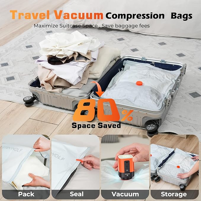 ETENWOLF 10 Pack Reusable Vacuum Storage Bags for Travel with Rechargeable Air Pump,Vacuum Compression Packing Seal for Clothes, Blankets, Seasonal Storage,Carry-On Space Saver Bags in 3 Sizes