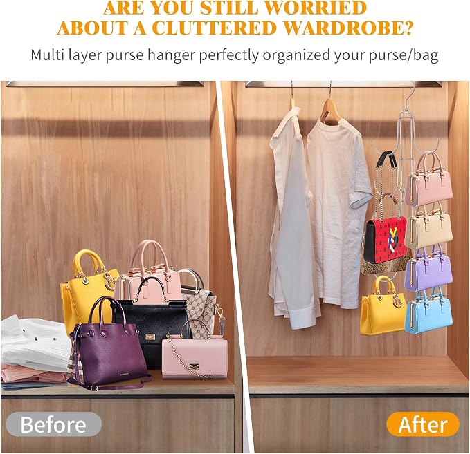 2 Pack Purse Organizer for Closet, 4-Tier Hanging Bag Holder, Silver Metal Closet Organization Purse Hanger Backpack Rack Space Saving Hanger