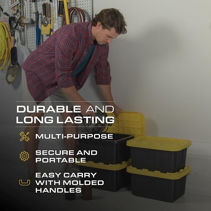 BLACK & YELLOW 5-Gallon Tough Storage Containers with Lids, Stackable, Extremely Durable, [4-Pack]
