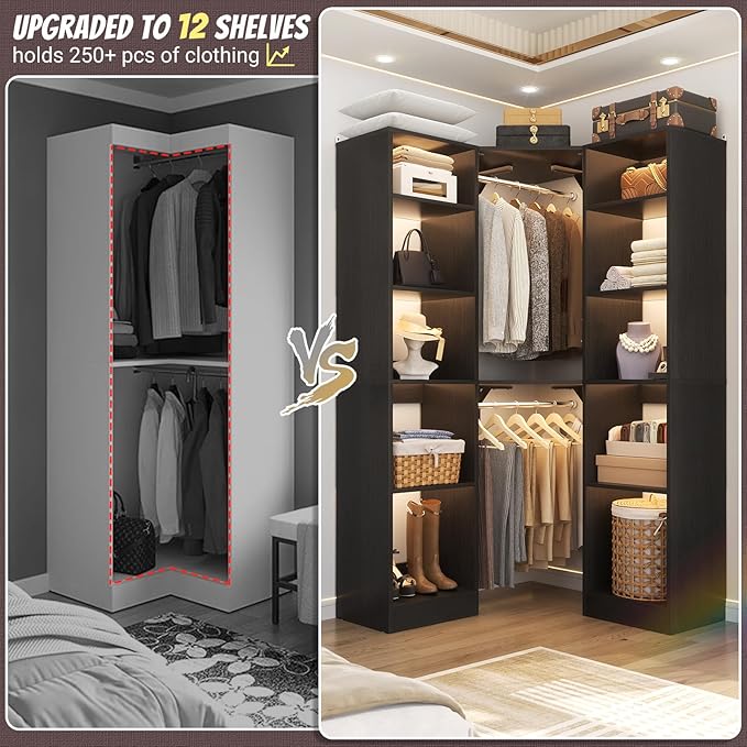 Besiost Corner Closet System with 12 Shelves, 39.2" Corner Closet Organizer System with 2 Hanging Rods, Versatile 6-Tier Walk-in Closets for Corner Space, Black (39.2" L x 39.2" W x 80" H)