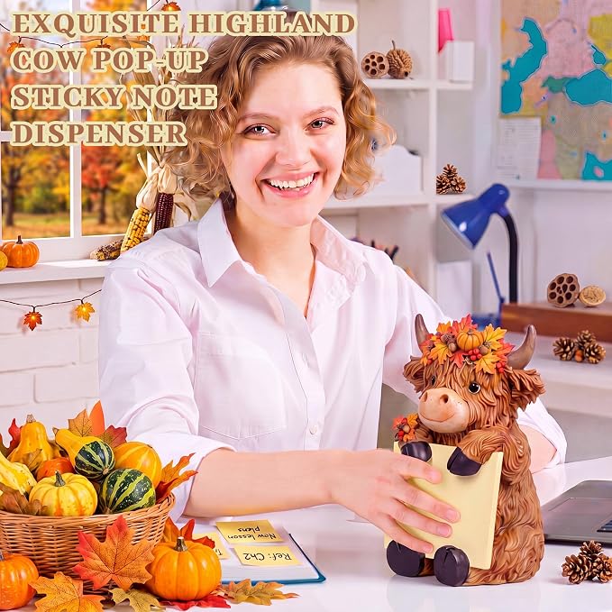 Thenshop Fall Maple Leaves Highland Cow Pop up Sticky Note Holder with Berry Pine Cone Autumn Resin Cow Dispenser with 100 Sheets 3 x 3 Inch Sticky Notes Desk Accessory for Fall Harvest Office Home