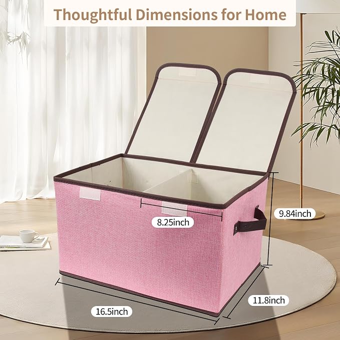 Foldable Fabric Storage Box, 16.5 x 11.8 x 9.8 inches (L x W x H), with Double-Lid & Dividers, Large Organizer for Home, Closet, Office(Pink, 4 Packs)