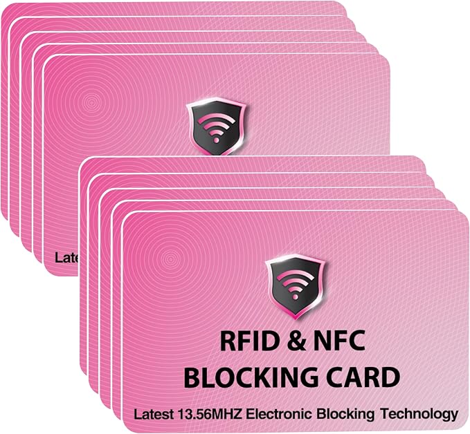SaiTech IT 10 Pack RFID Blocking Card for Credit Debit ID Card, Pink | Slim Anti-Theft Contactless NFC RFID Blocker Protector, Easily Fit into Wallet and Purse, for Men & Women