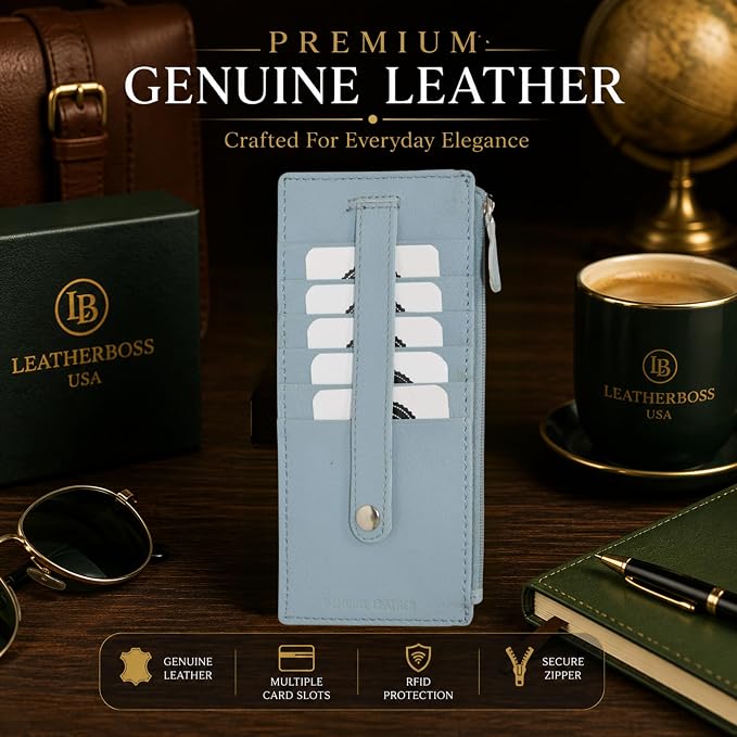 Leatherboss Genuine Leather Women's All in One Credit Business Card Case Holder Slim Zipper Wallet With a Card Protection Strap, Light Blue