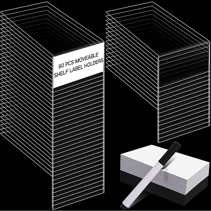 Containlol 60 Sets Moveable Shelf Label Display Holders with Label Inserts and Marker Clear Shelves Tag Plastic Shelf Markers Teachers Gift for Classroom Office Book Shelves(3 x 1.6 Inch)