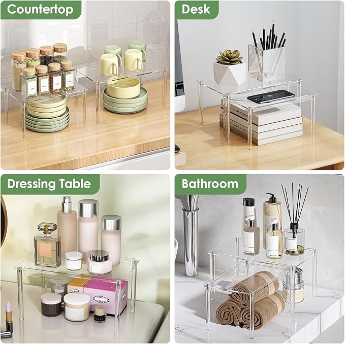Delamu Clear Kitchen Cabinet Organizer, Set of 2 Acrylic Shelf Organizer for Cupboard Organizers and Storage, Stackable Cabinet Shelf for Plate, Dish, Bowl, Cup & Mug, 11.7" W x 7.7" D x 6.3" H