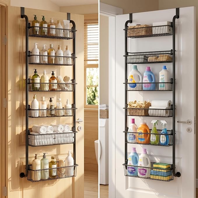 Purebox 6-Tier Over The Door Pantry Organizer & Spice Rack, Heavy-Duty Thickened Carbon Steel Frame with Deep Baskets & Anti-Shake Suction Cups for Kitchen Bathroom Laundry & Closet