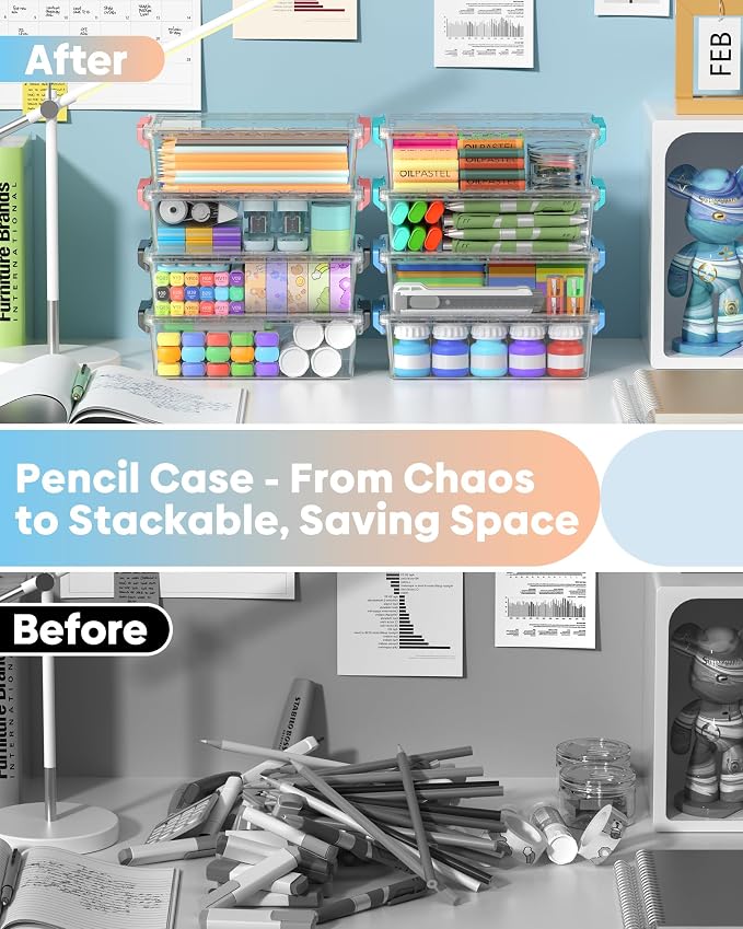 BiuLeon 8 Pack Large Pencil Box Set, Plastic Clear Pencil Case Marker Organizer, Crayon Box Craft Organizers, Stackable Storage Containers with Lid for Pen, Art and Craft Supplies(Color)