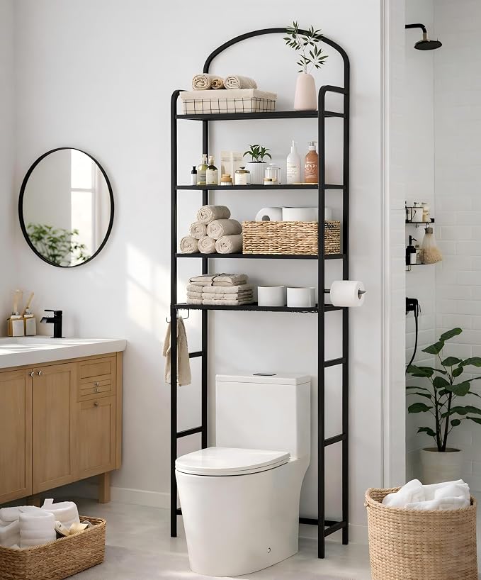 4-Tier Over The Toilet Storage, Bathroom Organizer | Space-Saving, 72"H Above Toilet Storage Rack with 4 Hooks and Paper Holder, Metal Shelf, Black