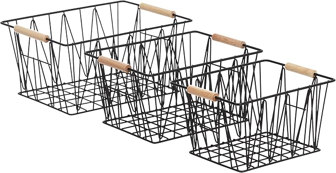 Amazon Basics Stackable Rectangular Wire Storage Baskets for Closet Organization, Set of 3, Multipurpose Home Organizer, Black