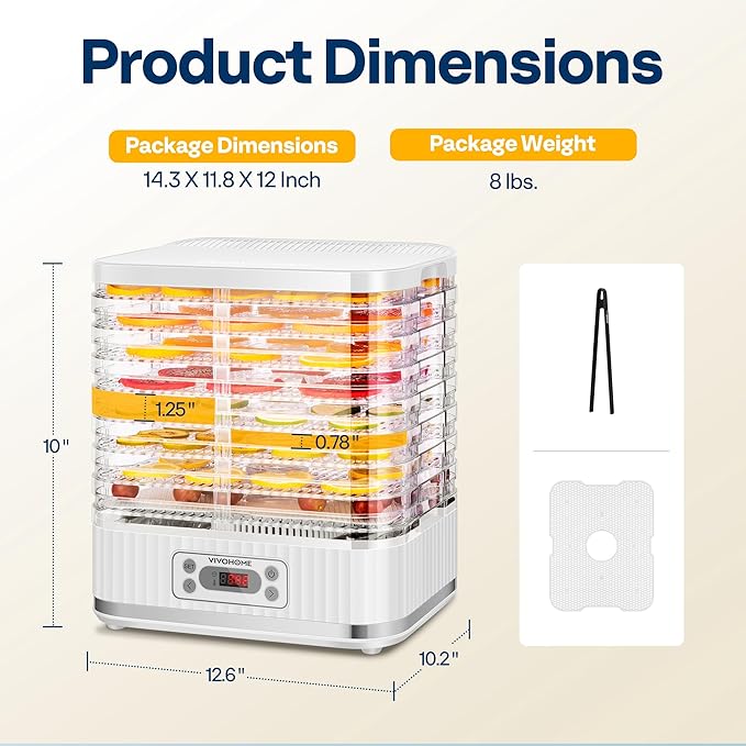 VIVOHOME Electric 8 Trays Food Dehydrator, 400W Hydrator Machine with 72H Digital Timer and Temperature Control for Fruit Vegetable Meat Jerky Herb Beef Mushroom, White