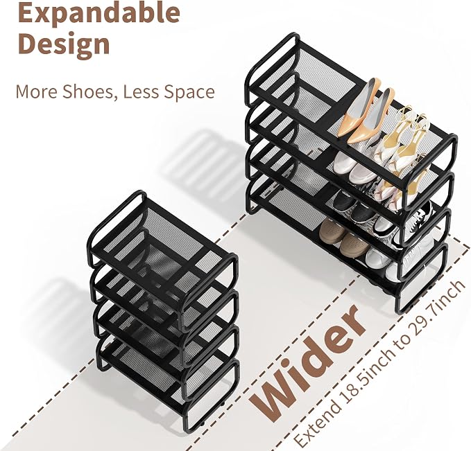 4Tier Shoe Rack - Expandable Shoe Organizer for Closet, Adjustable Metal Shoe Shelf Storage, Stackable Long Shoe Stand Holder for Garage, Entryway, Door Entrance