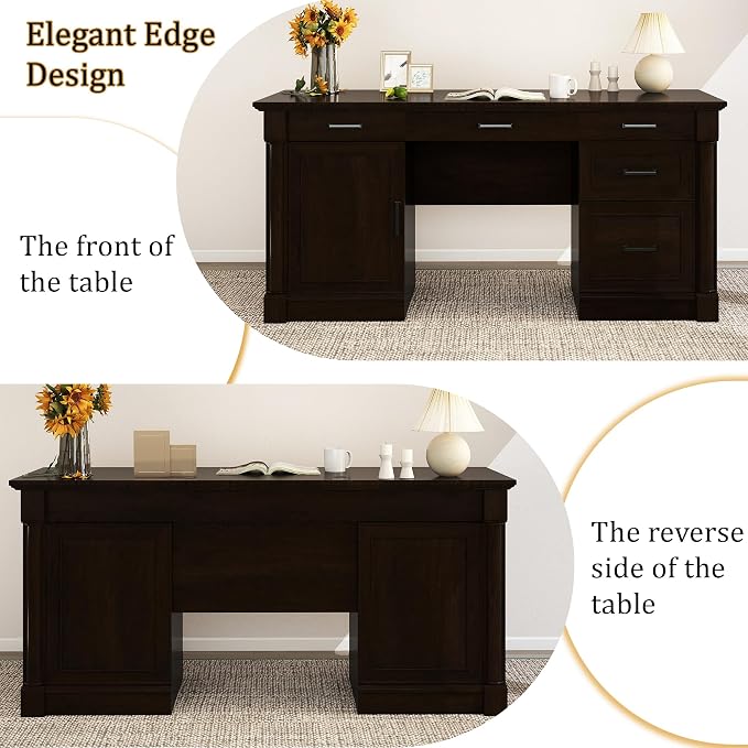 blini Large Farmhouse Executive Desk with Drawers，Wood Computer Desk，Embossed Texture Home Office Desk with File Cabinet Storage, Cable Management, Keyboard Tray，Working Table for Work Study Writing